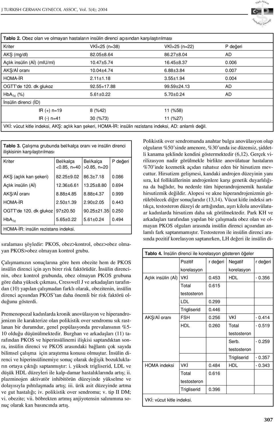 24 AD nsülin direnci ( D) IR (+) n=19 8 (%42) 11 (%58) IR (-) n=41 30 (%73) 11 (%27) VK : vücut kitle indeksi, AKfi: açl k kan flekeri, HOMA- R: insülin rezistans indeksi, AD: anlaml de il. Tablo 3.