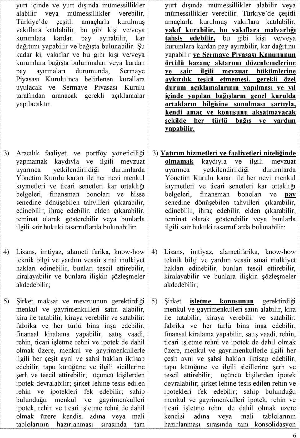 Şu kadar ki, vakıflar ve bu gibi kişi ve/veya kurumlara bağışta bulunmaları veya kardan pay ayırmaları durumunda, Sermaye Piyasası Kurulu nca belirlenen kurallara uyulacak ve Sermaye Piyasası Kurulu