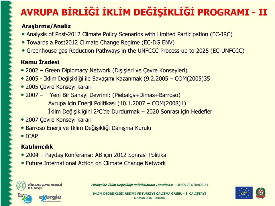 (9.2.2005 COM(2005)35 2005 Çevre Konseyi kararı 2007 Yeni Bir Sanayi Devrimi: (Piebalgs+Dimas+Barroso) Avrupa için Enerji Politikası (10