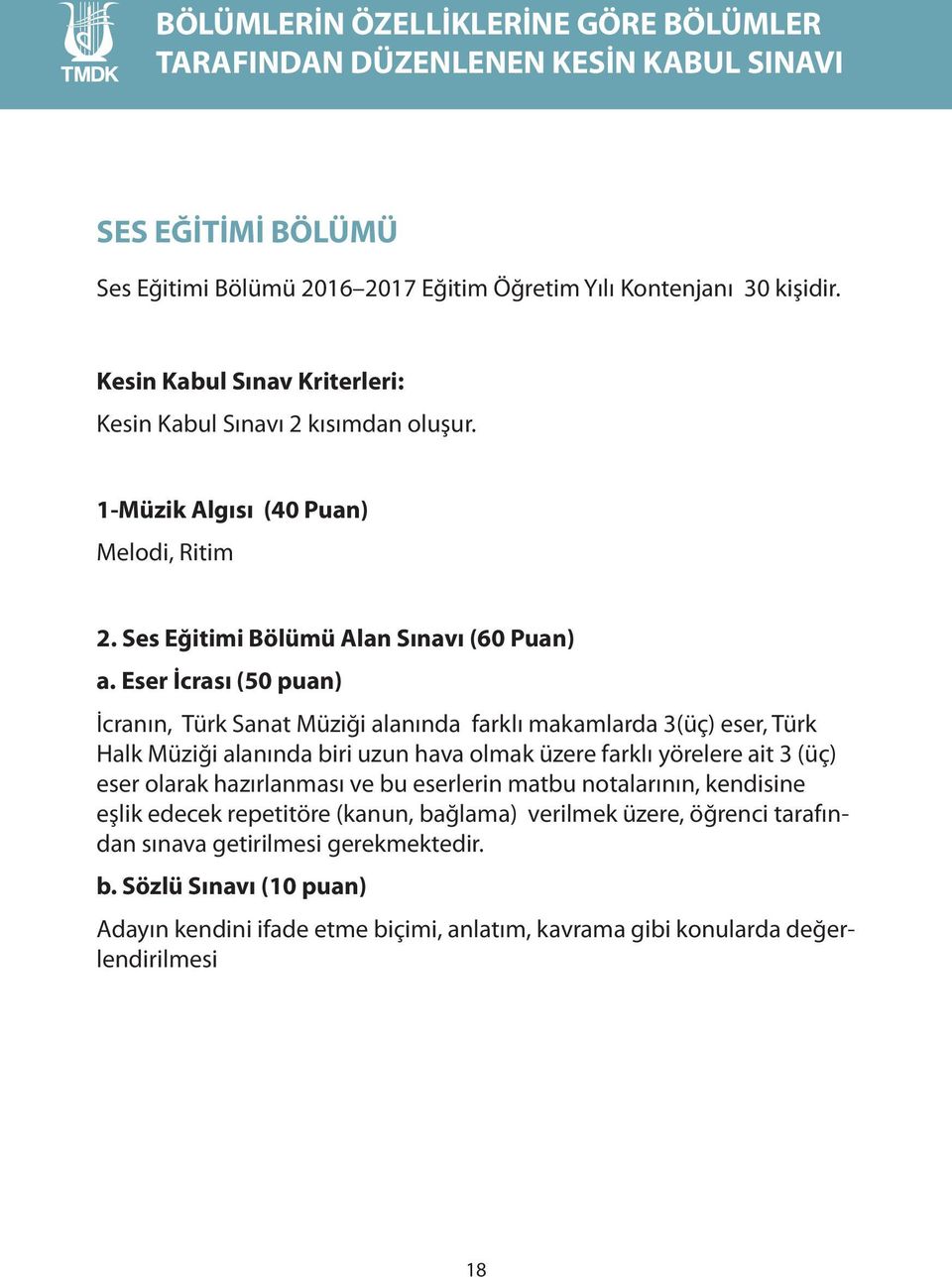 Eser İcrası (50 puan) İcranın, Türk Sanat Müziği alanında farklı makamlarda 3(üç) eser, Türk Halk Müziği alanında biri uzun hava olmak üzere farklı yörelere ait 3 (üç) eser olarak hazırlanması ve