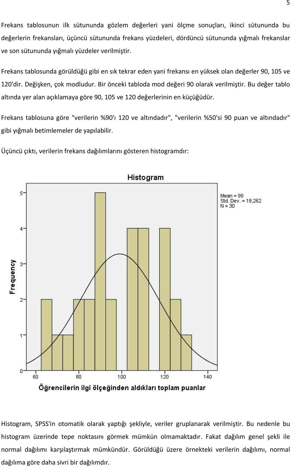 Bir önceki tabloda mod değeri 90 olarak verilmiştir. Bu değer tablo altında yer alan açıklamaya göre 90, 105 ve 120 değerlerinin en küçüğüdür.