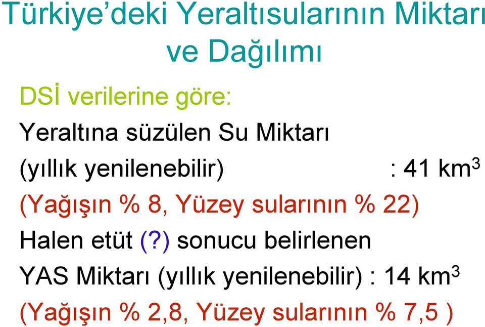 % 8, Yüzey sularının % 22) Halen etüt (?