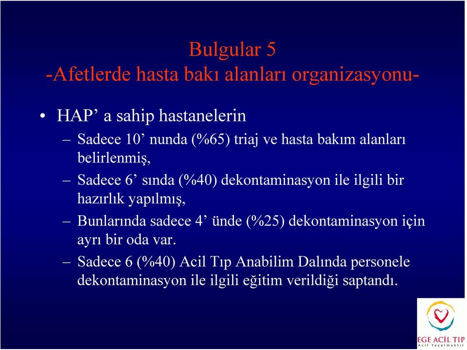 bir hazırlık yapılmış, Bunlarında sadece 4 ünde (%25) dekontaminasyon için ayrı bir oda var.