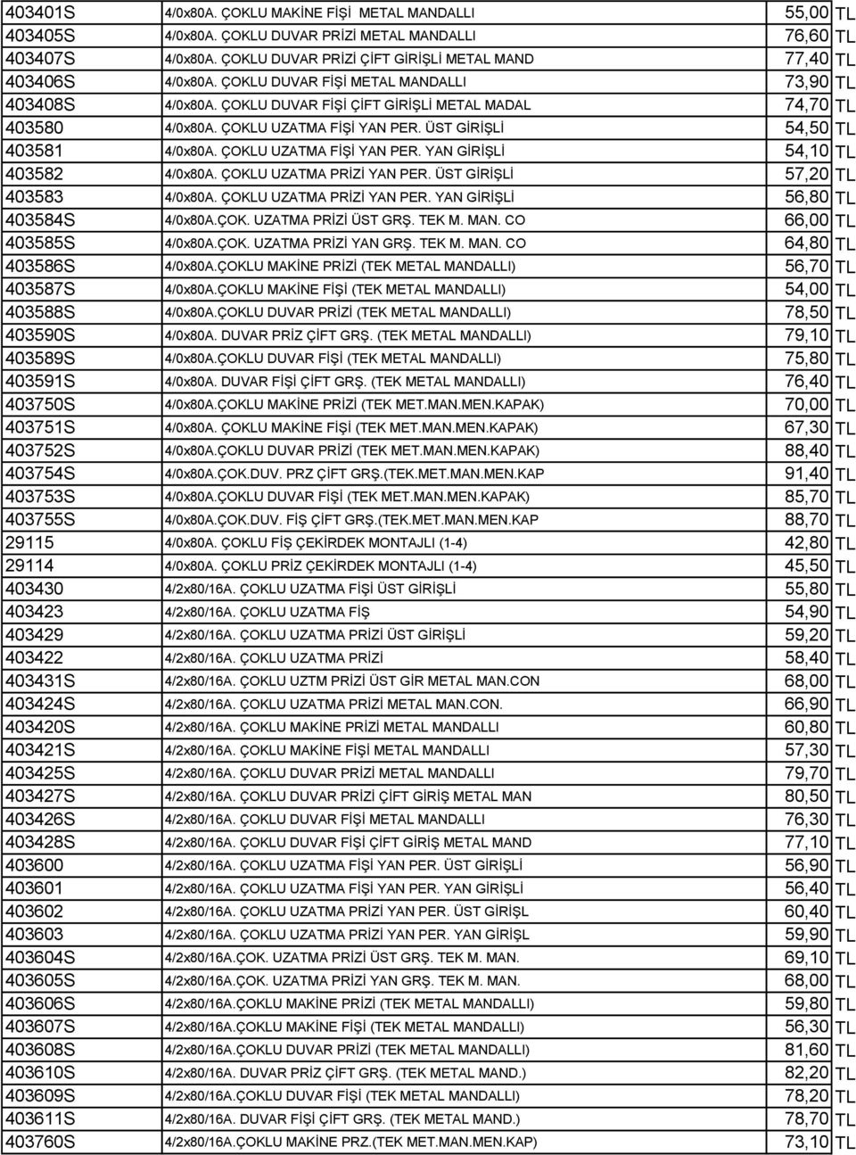 ÇOKLU UZATMA FİŞİ YAN PER. ÜST GİRİŞLİ 54,50 TL 403581 4/0x80A. ÇOKLU UZATMA FİŞİ YAN PER. YAN GİRİŞLİ 54,10 TL 403582 4/0x80A. ÇOKLU UZATMA PRİZİ YAN PER. ÜST GİRİŞLİ 57,20 TL 403583 4/0x80A.