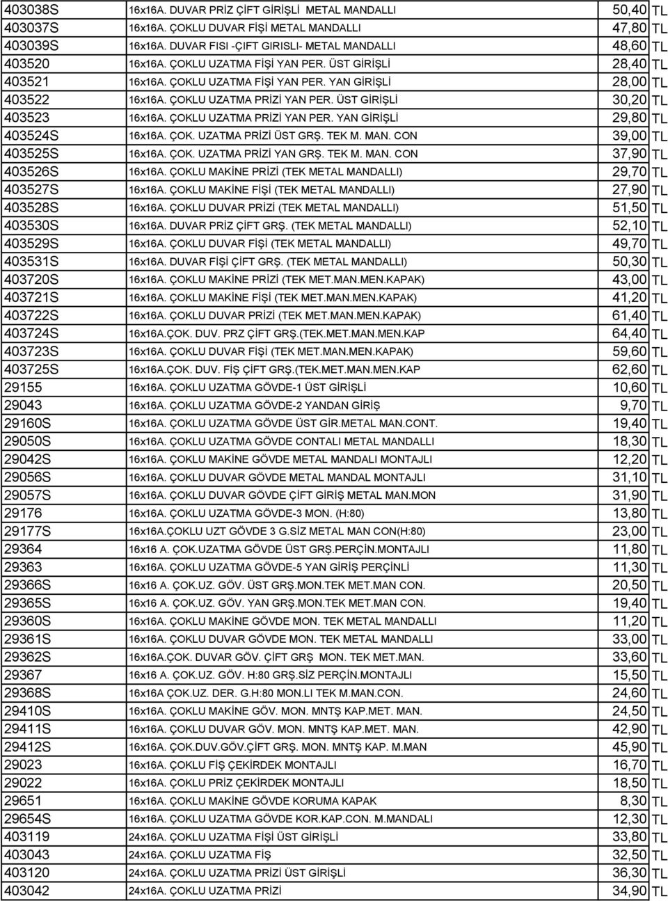 ÇOKLU UZATMA PRİZİ YAN PER. ÜST GİRİŞLİ 30,20 TL 403523 16x16A. ÇOKLU UZATMA PRİZİ YAN PER. YAN GİRİŞLİ 29,80 TL 403524S 16x16A. ÇOK. UZATMA PRİZİ ÜST GRŞ. TEK M. MAN. CON 39,00 TL 403525S 16x16A.