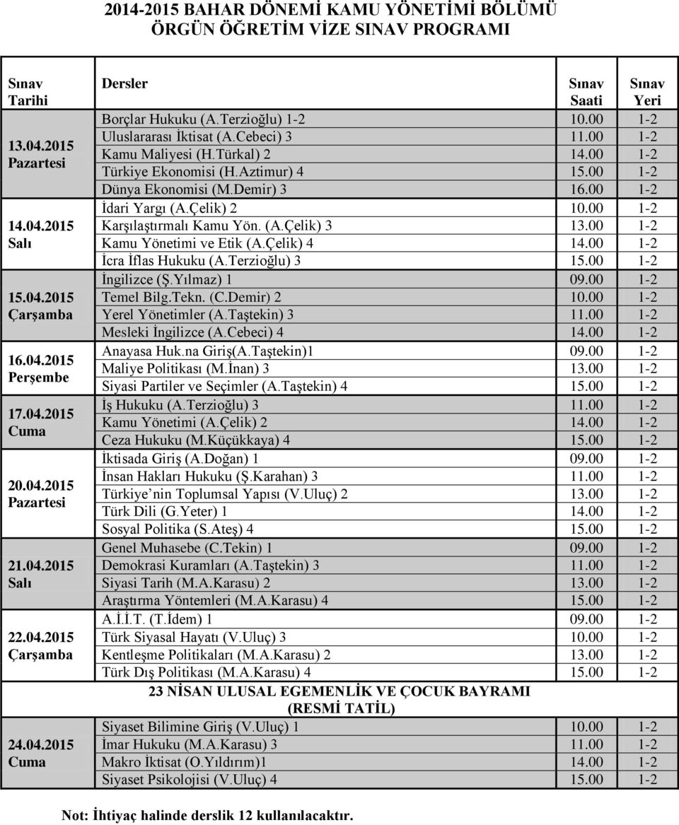 Çelik) 4 14.00 1-2 İcra İflas Hukuku (A.Terzioğlu) 3 15.00 1-2 İngilizce (Ş.Yılmaz) 1 09.00 1-2 Temel Bilg.Tekn. (C.Demir) 2 10.00 1-2 Yerel Yönetimler (A.Taştekin) 3 11.00 1-2 Mesleki İngilizce (A.