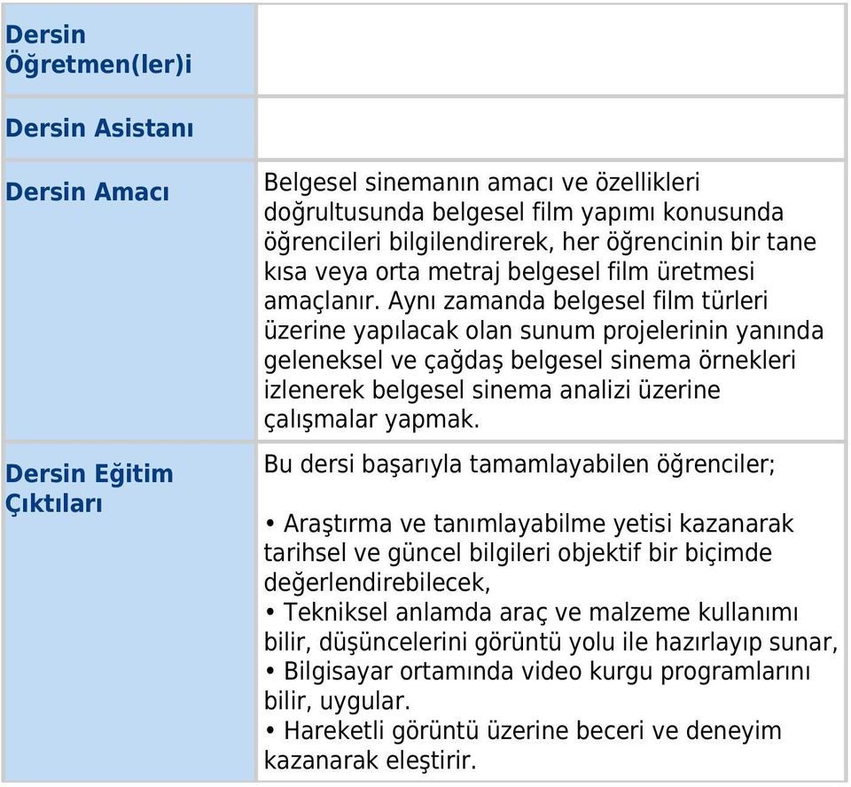 Aynı zamanda belgesel film türleri üzerine yapılacak olan sunum projelerinin yanında geleneksel ve çağdaş belgesel sinema örnekleri izlenerek belgesel sinema analizi üzerine çalışmalar yapmak.