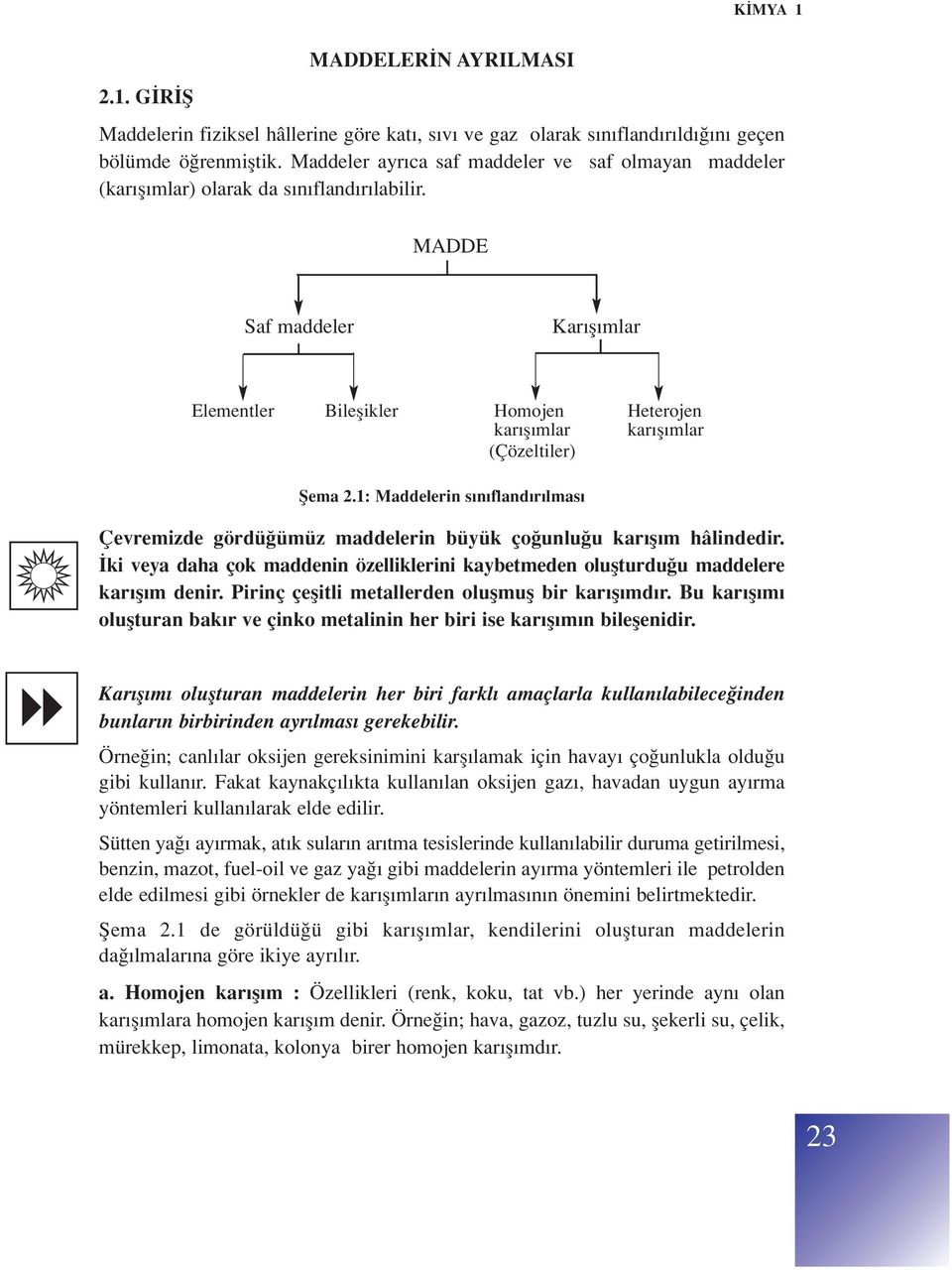 MADDE Saf maddeler Kar fl mlar Elementler Bileflikler Homojen Heterojen kar fl mlar kar fl mlar (Çözeltiler) fiema 2.