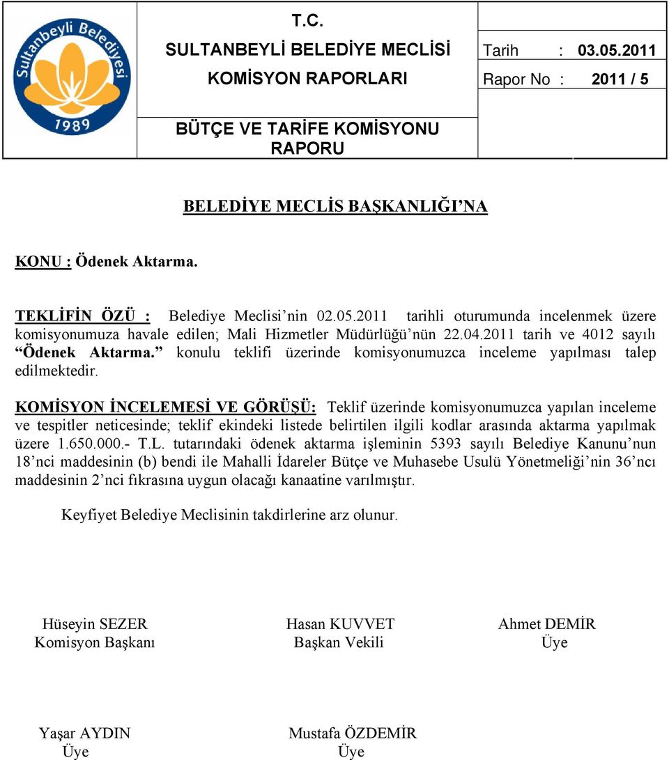 KOMİSYON İNCELEMESİ VE GÖRÜŞÜ: Teklif üzerinde komisyonumuzca yapılan inceleme ve tespitler neticesinde; teklif ekindeki listede belirtilen ilgili kodlar arasında aktarma yapılmak üzere 1.650.000.- T.