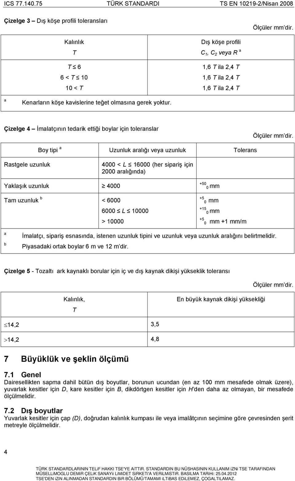 Çizelge 4 İmalatçının tedarik ettiği boylar için toleranslar Ölçüler mm dir.