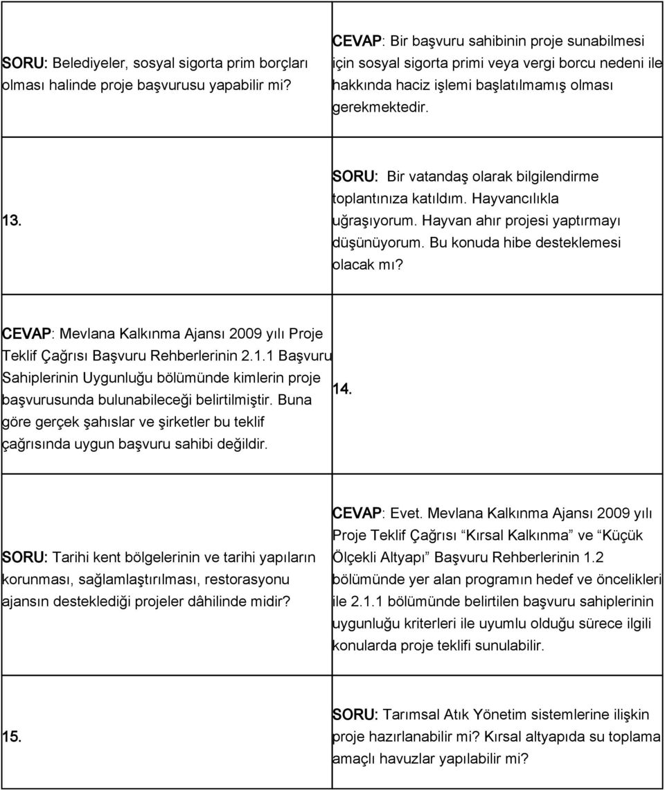 SORU: Bir vatandaş olarak bilgilendirme toplantınıza katıldım. Hayvancılıkla uğraşıyorum. Hayvan ahır projesi yaptırmayı düşünüyorum. Bu konuda hibe desteklemesi olacak mı?