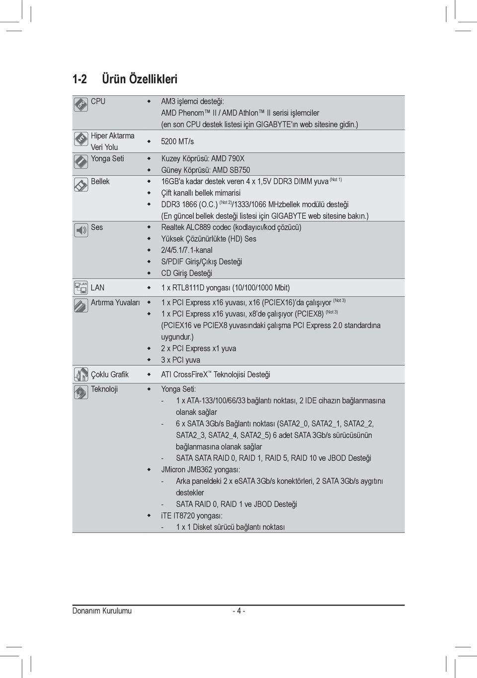 ) (Not 2)/333/066 MHzbellek modülü desteği (En güncel bellek desteği listesi için GIGABYTE web sitesine bakın.) Realtek ALC889 codec (kodlayıcı/kod çözücü) Yüksek Çözünürlükte (HD) Ses 2/4/5./7.