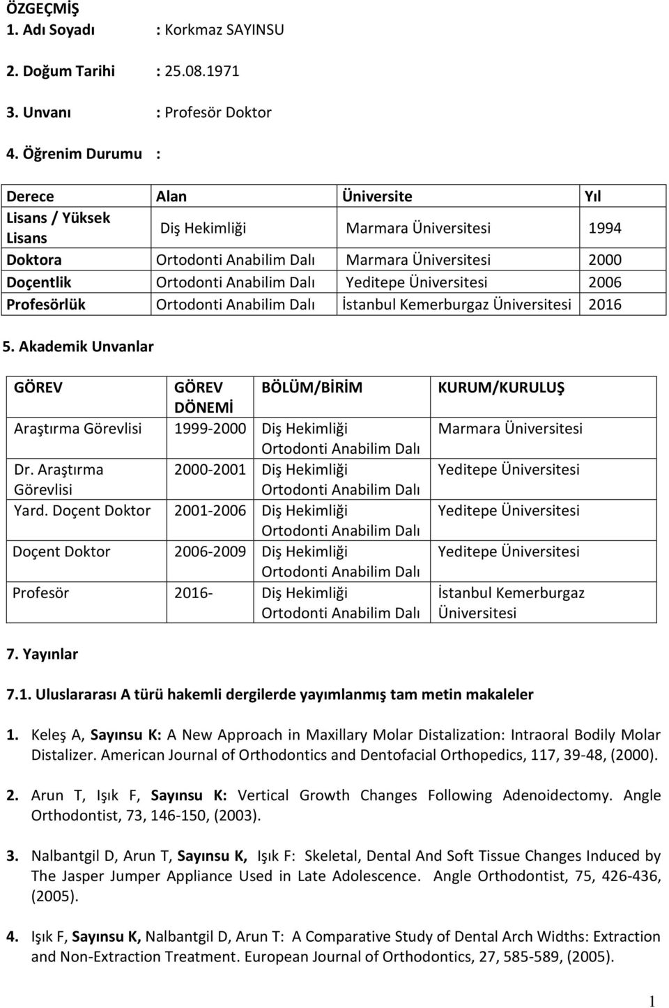 Yeditepe Üniversitesi 2006 Profesörlük Ortodonti Anabilim Dalı İstanbul Kemerburgaz Üniversitesi 2016 5.