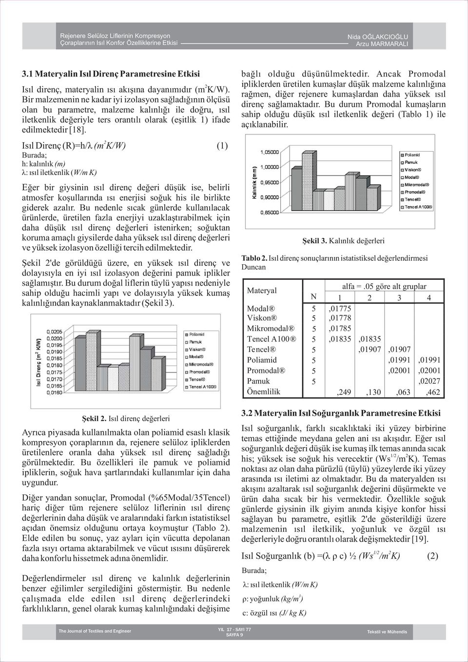 Isıl Direnç (R)=h/ λ (m 2 K/W) (1) Burada; h: kalınlık (m) λ: ısıl iletkenlik ( W/m K) Eğer bir giysinin ısıl direnç değeri düşük ise, belirli atmosfer koşullarında ısı enerjisi soğuk his ile