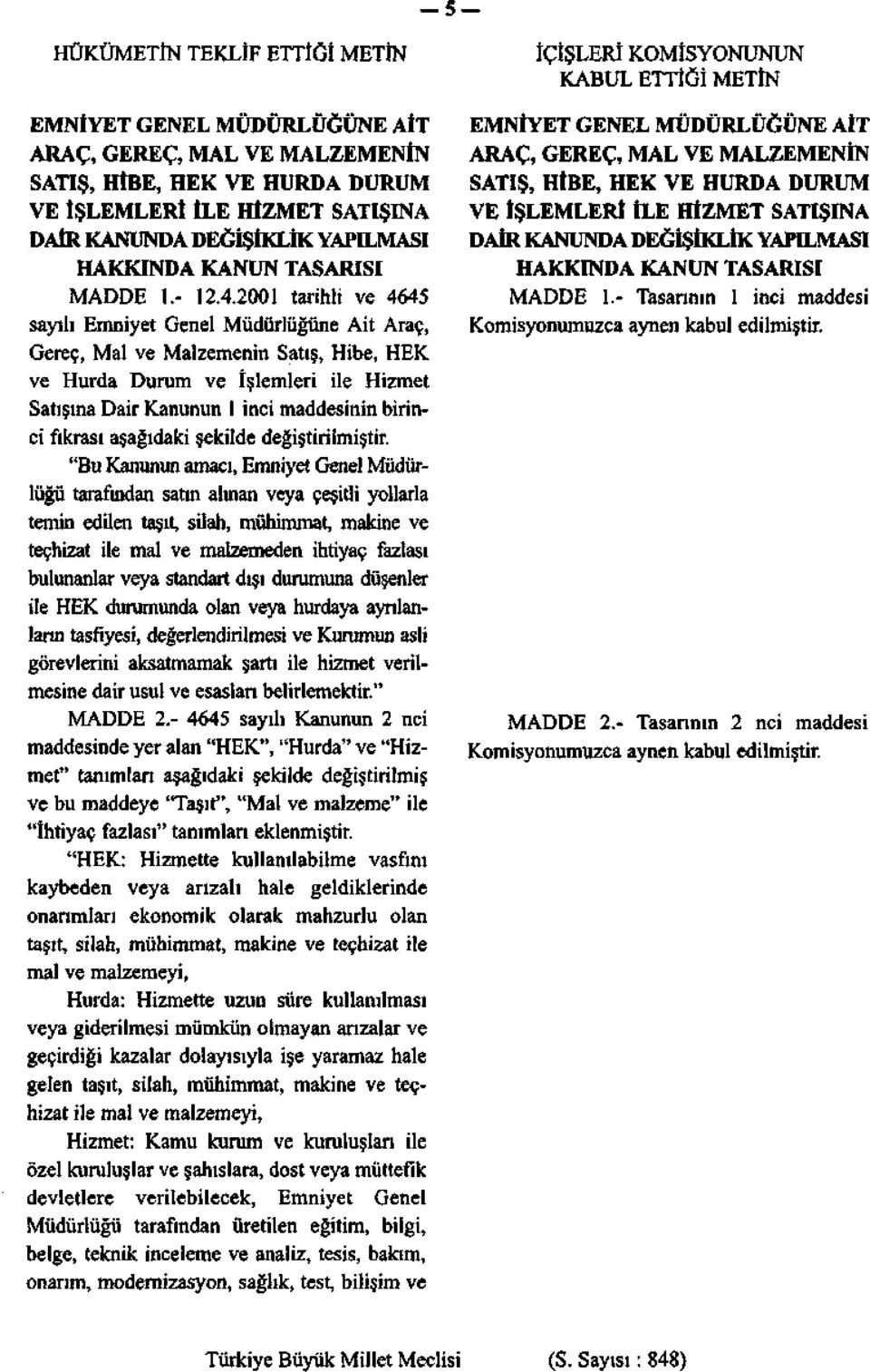 2001 tarihli ve 4645 sayılı Emniyet Genel Müdürlüğüne Ait Araç, Gereç, Mal ve Malzemenin Satış, Hibe, HEK ve Hurda Durum ve İşlemleri ile Hizmet Satışına Dair Kanunun 1 inci maddesinin birinci