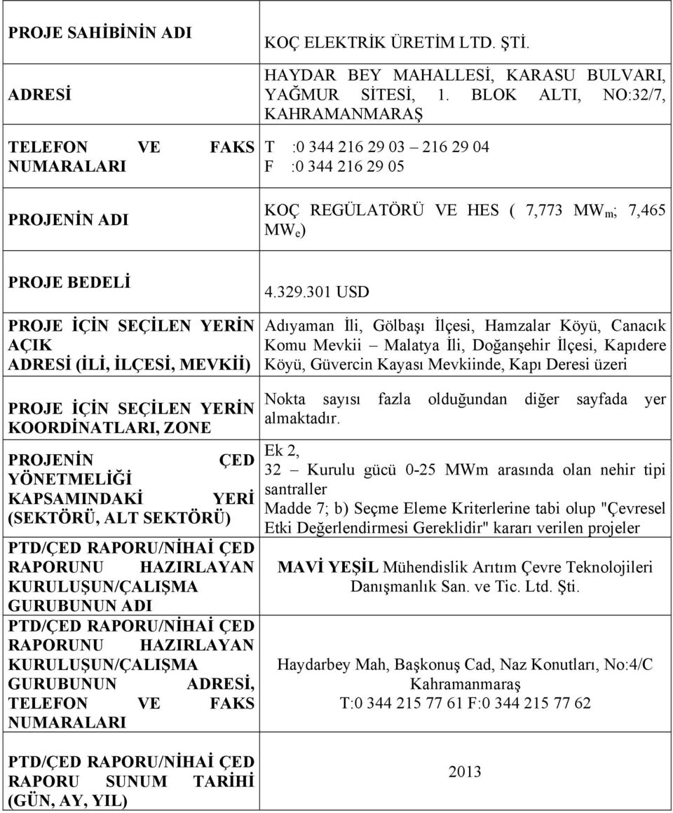 SEÇİLEN YERİN KOORDİNATLARI, ZONE PROJENİN ÇED YÖNETMELİĞİ KAPSAMINDAKİ YERİ (SEKTÖRÜ, ALT SEKTÖRÜ) PTD/ÇED RAPORU/NİHAİ ÇED RAPORUNU HAZIRLAYAN KURULUŞUN/ÇALIŞMA GURUBUNUN ADI PTD/ÇED RAPORU/NİHAİ