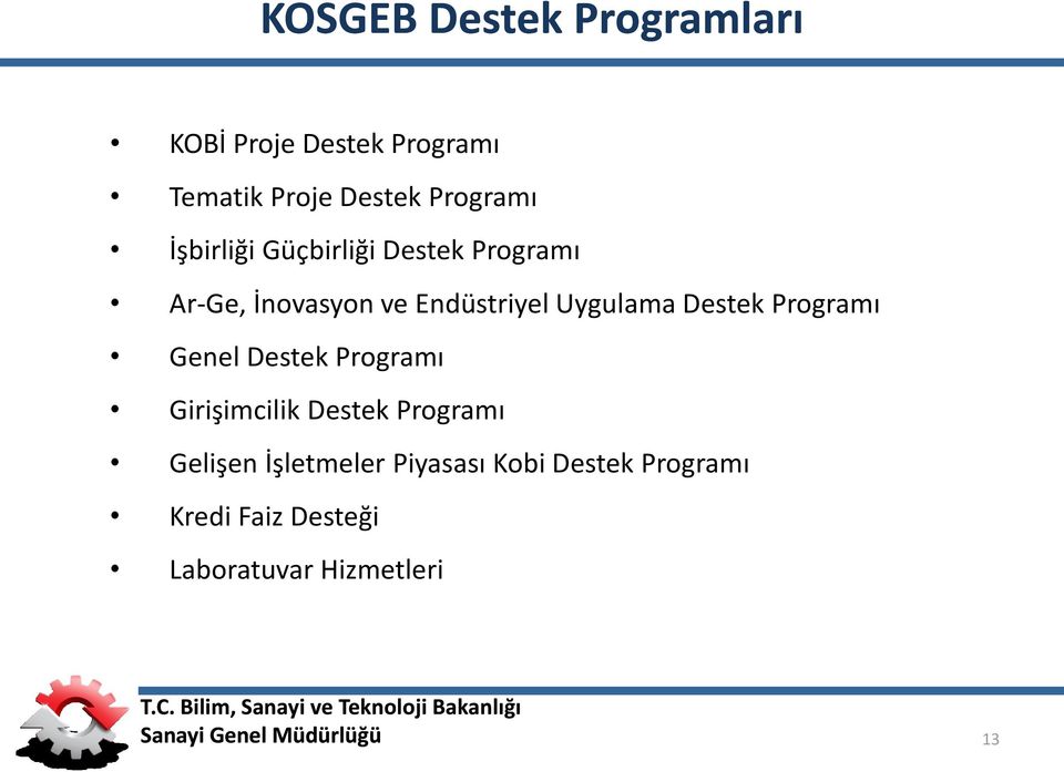 Destek Programı 1 Ağustos 2011 Genel Destek Programı Girişimcilik Destek Programı Gelişen