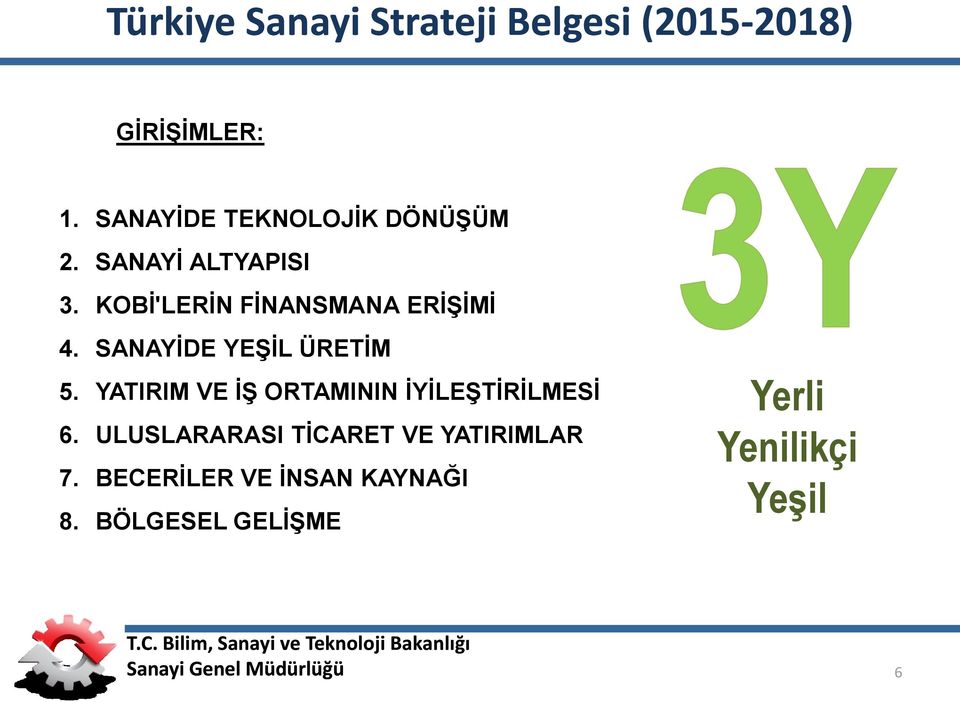 SANAYİDE YEŞİL ÜRETİM 5. YATIRIM VE İŞ ORTAMININ İYİLEŞTİRİLMESİ 6.