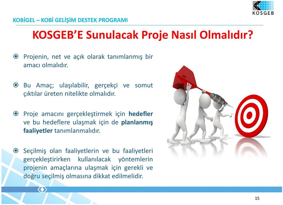 Proje amacını gerçekleştirmek için hedefler ve bu hedeflere ulaşmak için de planlanmış faaliyetler tanımlanmalıdır.