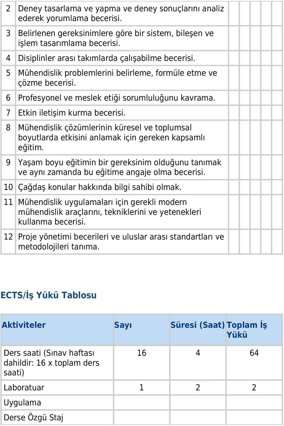 7 Etkin iletişim kurma becerisi. 8 Mühendislik çözümlerinin küresel ve toplumsal boyutlarda etkisini anlamak için gereken kapsamlı eğitim.