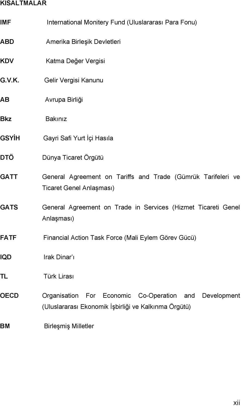 Genel Anlaşması) GATS General Agreement on Trade in Services (Hizmet Ticareti Genel Anlaşması) FATF Financial Action Task Force (Mali Eylem Görev Gücü) IQD
