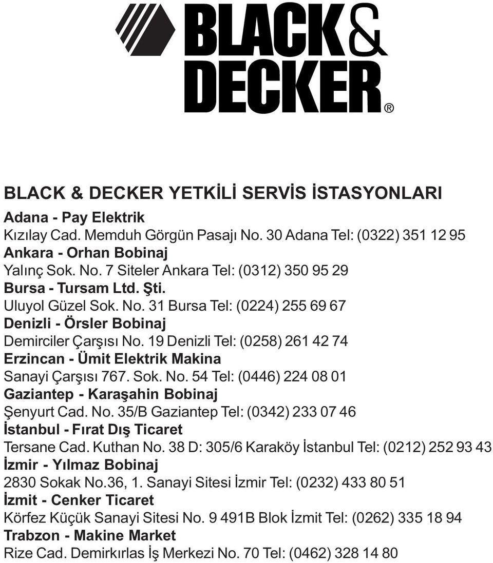 No. 35/B Gaziantep Tel: (0342) 233 07 46 Ýstanbul - Fýrat Dýþ Ticaret Tersane Cad. Kuthan No. 38 D: 305/6 Karaköy Ýstanbul Tel: (0212) 252 93 43 Ýzmir - Yýlmaz Bobinaj 2830 Sokak No.36, 1.