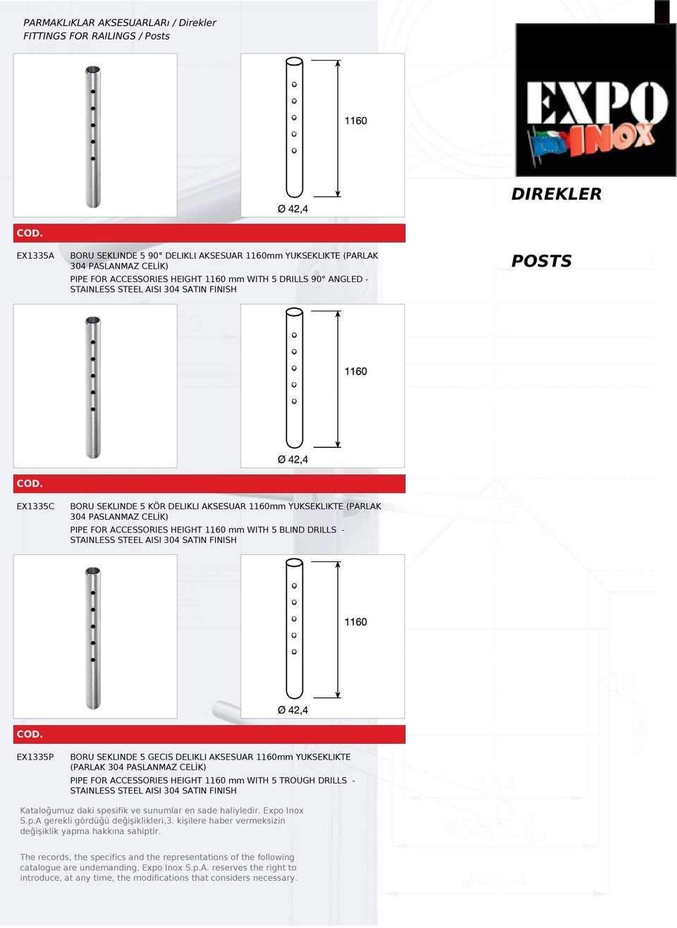 ACCESSORIES HEIGHT 1160 mm WITH 5 BLIND DRILLS STAINLESS STEEL AISI 304 SATIN FINISH EX1335P BORU SEKLINDE 5 GECIS DELIKLI