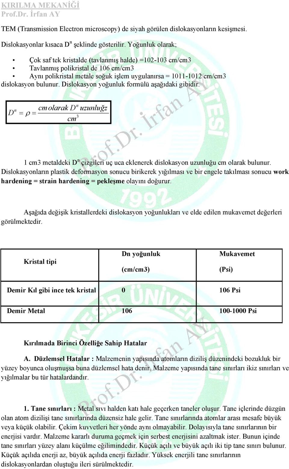 Dislokasyon yoğunluk formülü aşağıdaki gibidir. D n n cm olarak D 3 cm uzunluğz 1 cm3 metaldeki D n çizgileri uç uca eklenerek dislokasyon uzunluğu cm olarak bulunur.