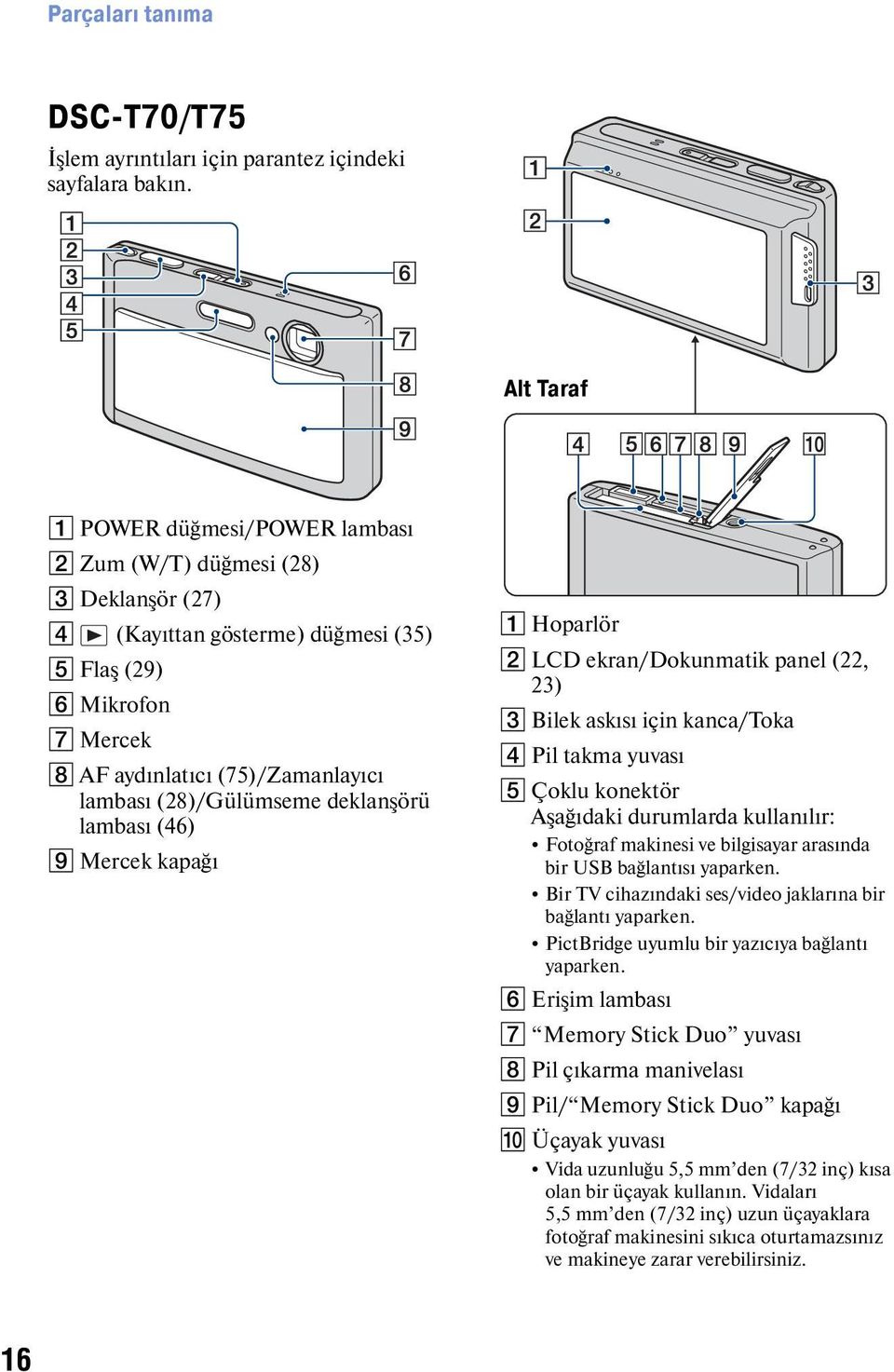 (28)/Gülümseme deklanşörü lambası (46) I Mercek kapağı A Hoparlör B LCD ekran/dokunmatik panel (22, 23) C Bilek askısı için kanca/toka D Pil takma yuvası E Çoklu konektör Aşağıdaki durumlarda