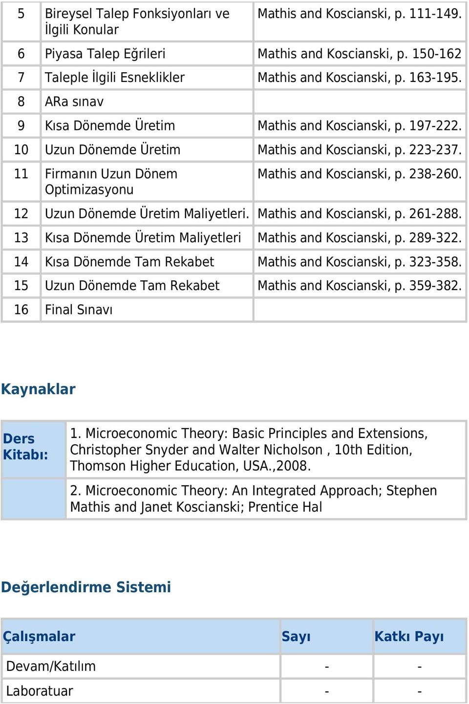 238-260. 12 Uzun Dönemde Üretim Maliyetleri. Mathis and Koscianski, p. 261-288. 13 Kısa Dönemde Üretim Maliyetleri Mathis and Koscianski, p. 289-322.