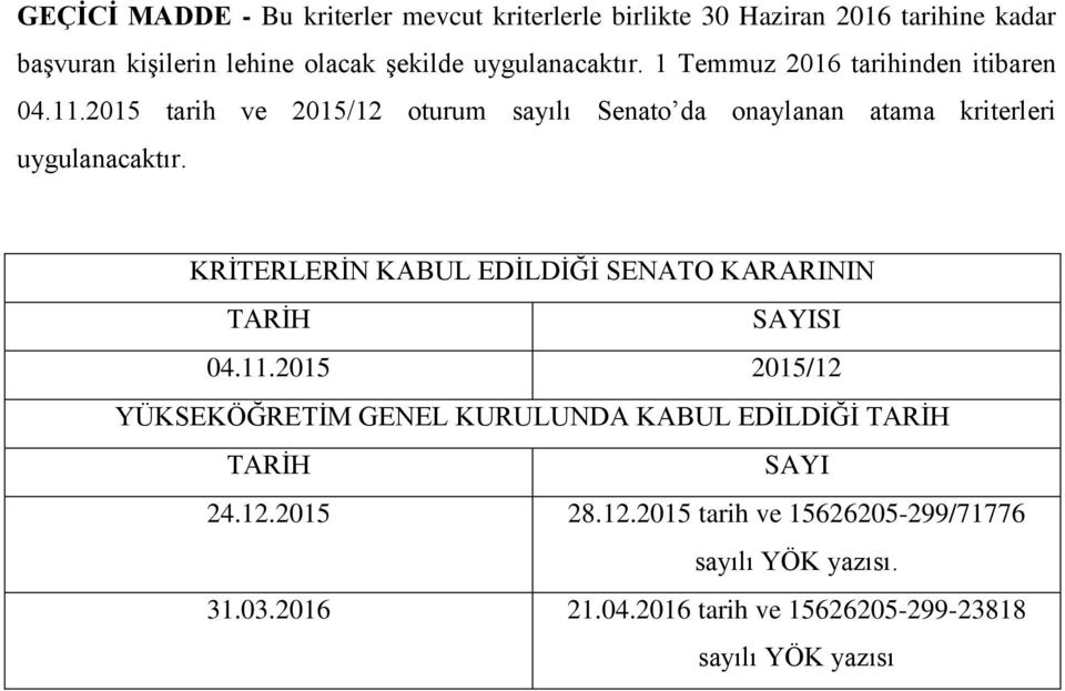 2015 tarih ve 2015/12 oturum sayılı Senato da onaylanan atama kriterleri uygulanacaktır.