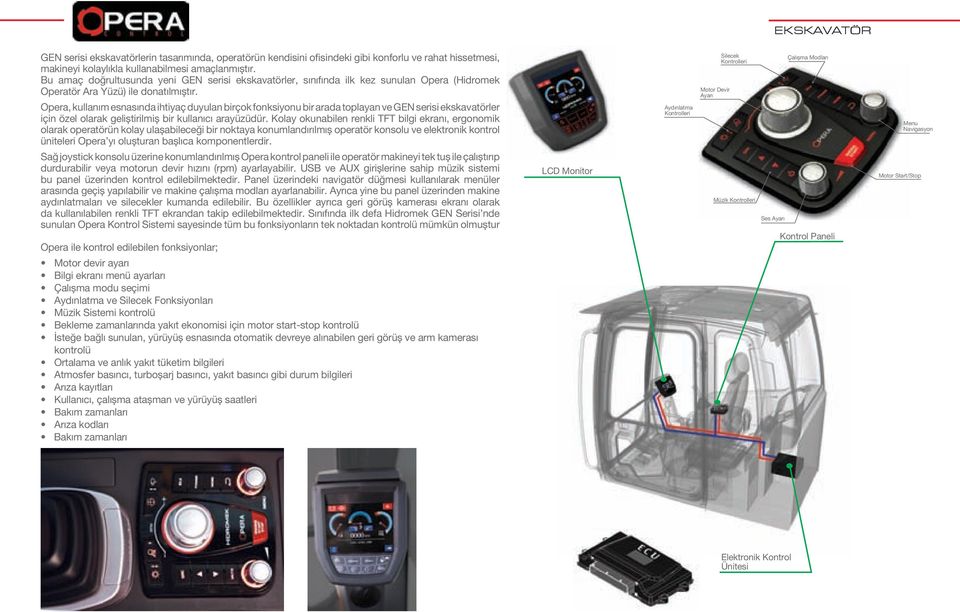 Opera, kullanım esnasında ihtiyaç duyulan birçok fonksiyonu bir arada toplayan ve GEN serisi ekskavatörler için özel olarak geliștirilmiș bir kullanıcı arayüzüdür.
