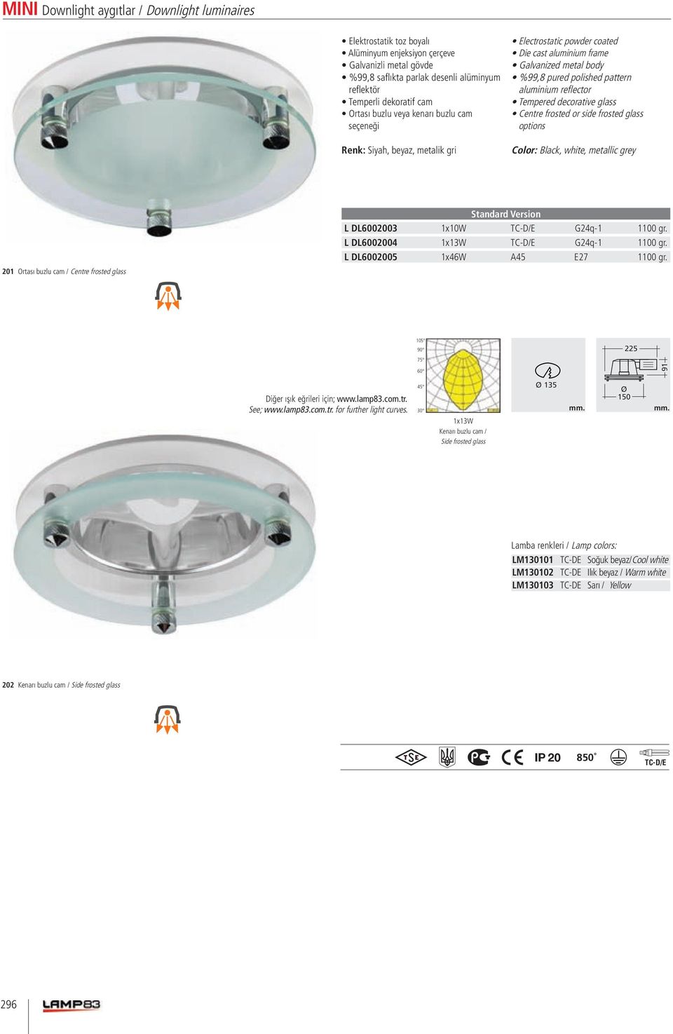 Centre frosted glass L DL6002003 1x10W TC-D/E G24q-1 1100 gr. L DL6002004 1x13W TC-D/E G24q-1 1100 gr. L DL6002005 1x46W A45 E27 1100 gr.