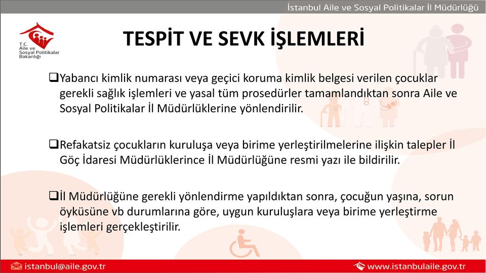 Refakatsiz çocukların kuruluşa veya birime yerleştirilmelerine ilişkin talepler İl Göç İdaresi Müdürlüklerince İl Müdürlüğüne resmi yazı