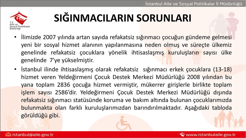 İstanbul ilinde ihtisaslaşmış olarak refakatsiz sığınmacı erkek çocuklara (13-18) hizmet veren Yeldeğirmeni Çocuk Destek Merkezi Müdürlüğü 2008 yılından bu yana toplam 2836 çocuğa hizmet