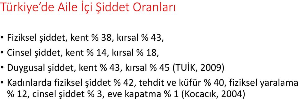 kırsal % 45 (TUİK, 2009) Kadınlarda fiziksel şiddet % 42, tehdit ve küfür