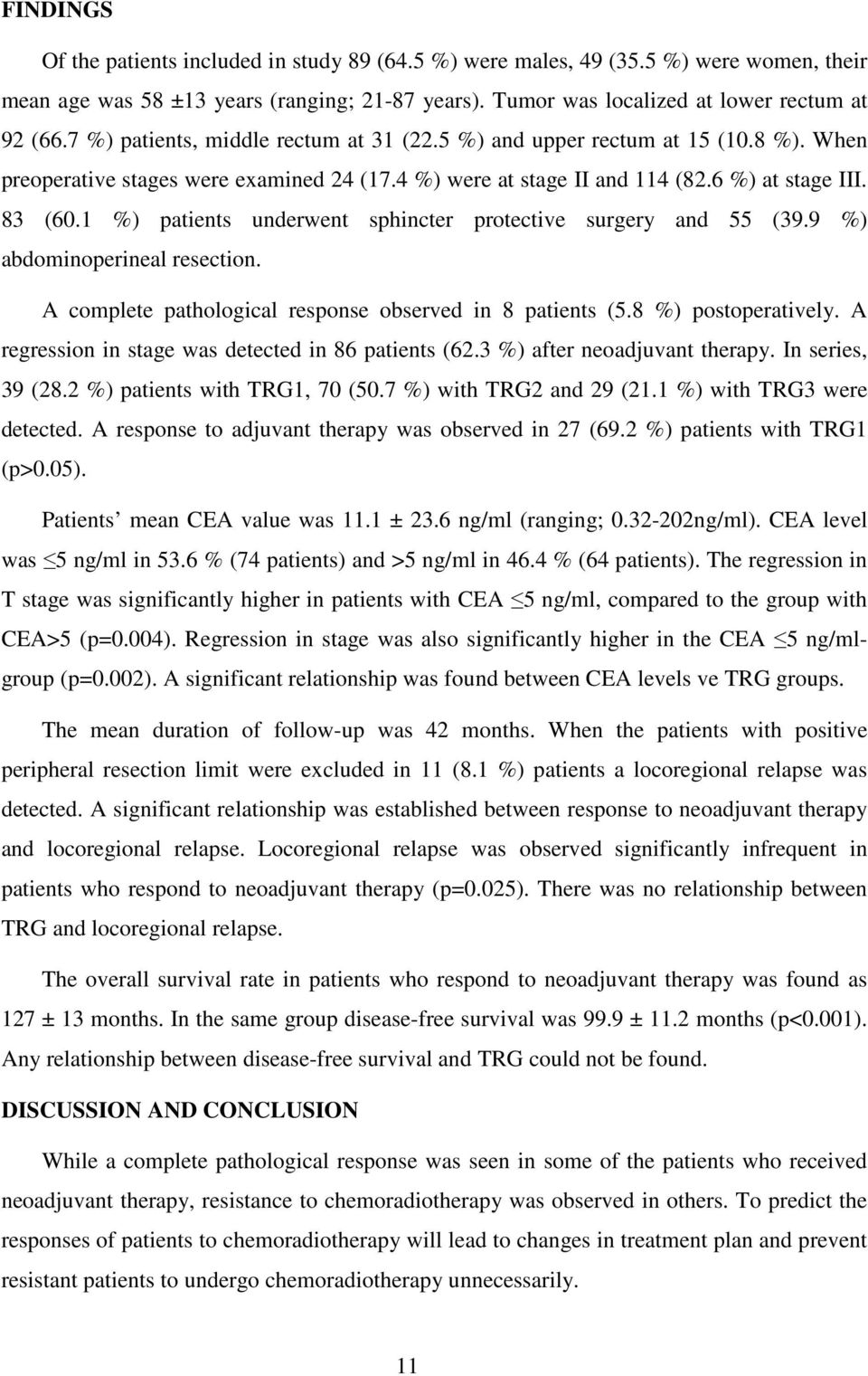 1 %) patients underwent sphincter protective surgery and 55 (39.9 %) abdominoperineal resection. A complete pathological response observed in 8 patients (5.8 %) postoperatively.