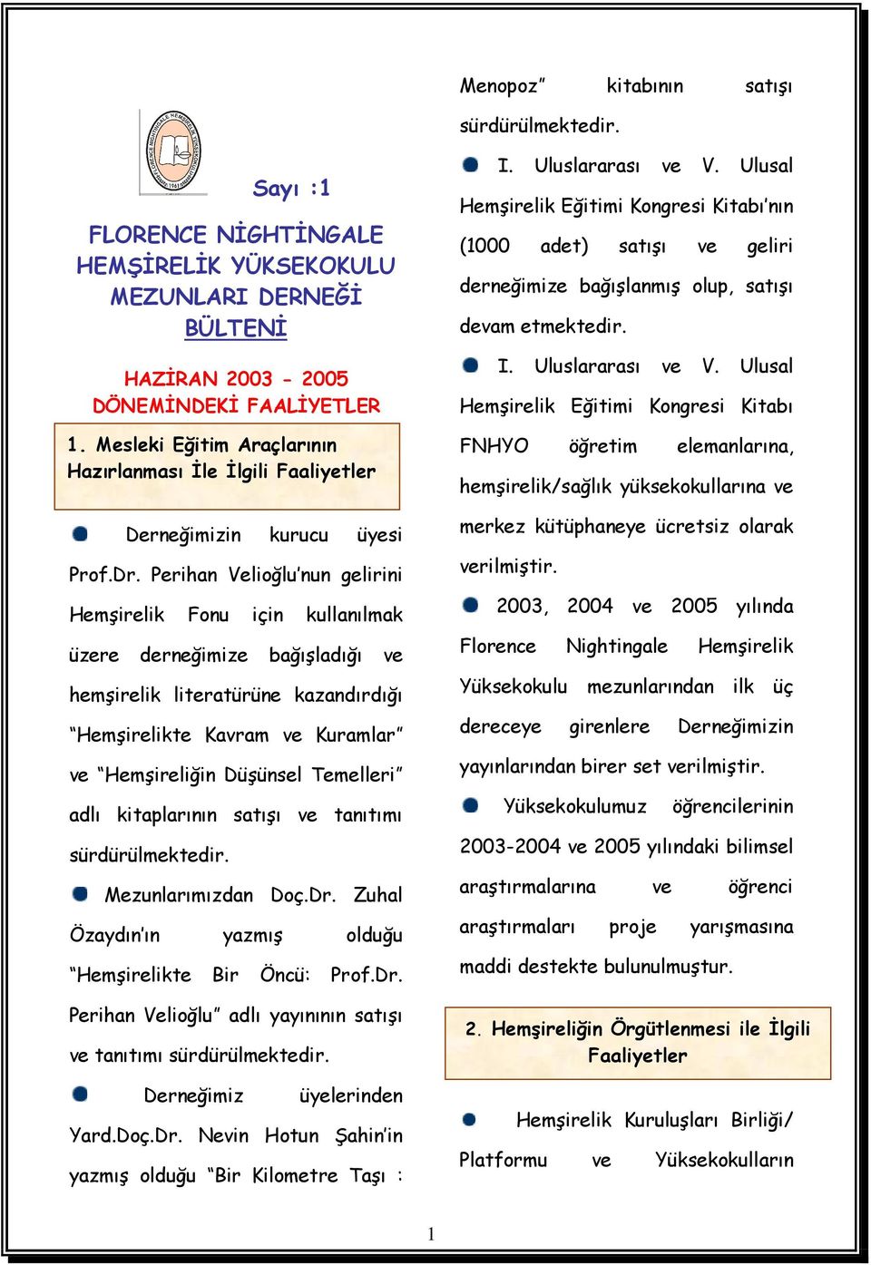 Perihan Velioğlu nun gelirini Hemşirelik Fonu için kullanılmak üzere derneğimize bağışladığı ve hemşirelik literatürüne kazandırdığı Hemşirelikte Kavram ve Kuramlar ve Hemşireliğin Düşünsel Temelleri