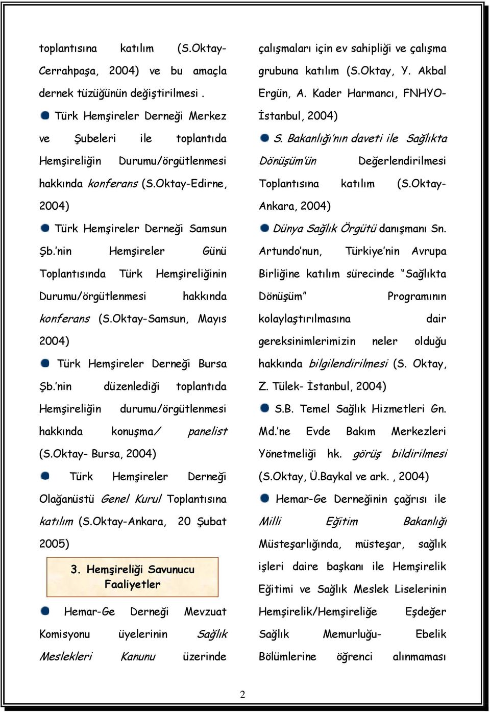 Bakanlığı nın daveti ile Sağlıkta Hemşireliğin Durumu/örgütlenmesi Dönüşüm ün Değerlendirilmesi hakkında konferans (S.Oktay-Edirne, Türk Hemşireler Derneği Samsun Toplantısına katılım (S.