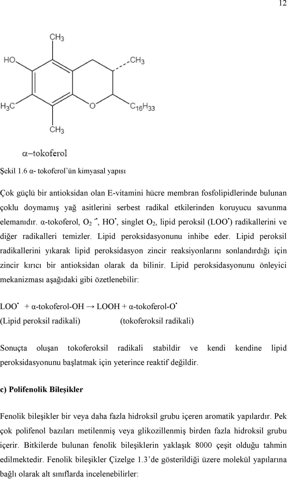elemanıdır. α-tokoferol, O - 2, HO, singlet O 2, lipid peroksil (LOO ) radikallerini ve diğer radikalleri temizler. Lipid peroksidasyonunu inhibe eder.