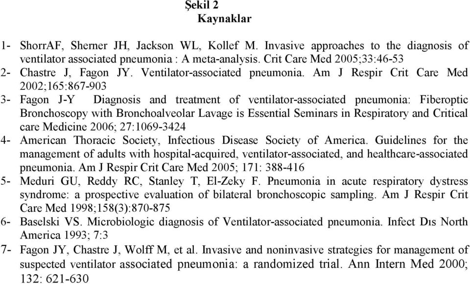 Am J Respir Crit Care Med 2002;165:867-903 3- Fagon J-Y Diagnosis and treatment of ventilator-associated pneumonia: Fiberoptic Bronchoscopy with Bronchoalveolar Lavage is ssential Seminars in