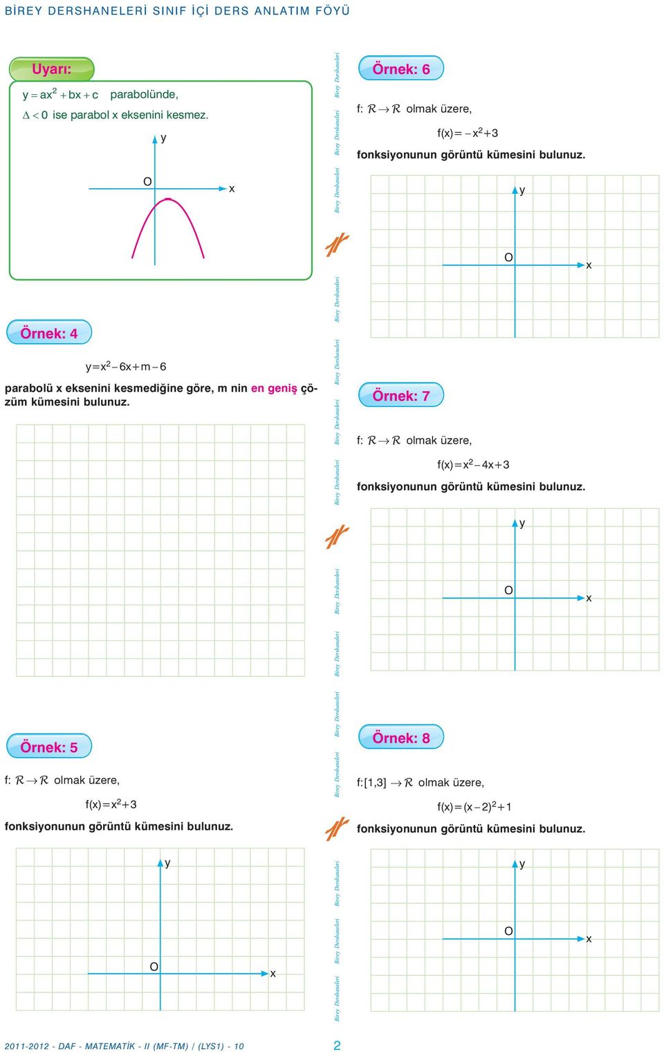 Örnek: 4 = 6+m 6 parabolü eksenini kesmediðine göre, m nin en geniþ çözüm kümesini bulunuz.