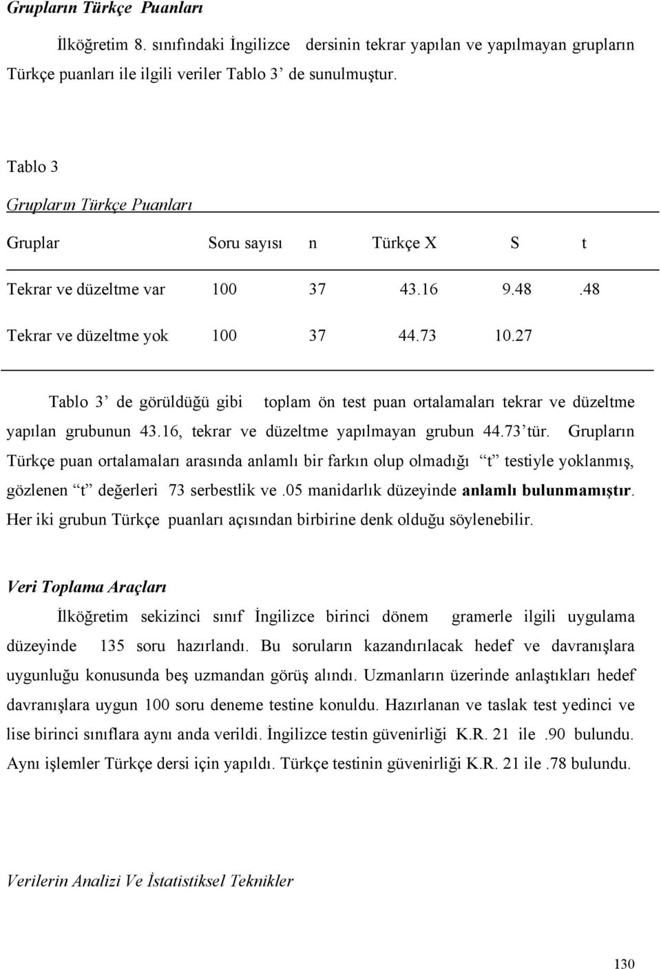 27 Tablo 3 de görüldüğü gibi toplam ön test puan ortalamaları tekrar ve düzeltme yapılan grubunun 43.16, tekrar ve düzeltme yapılmayan grubun 44.73 tür.