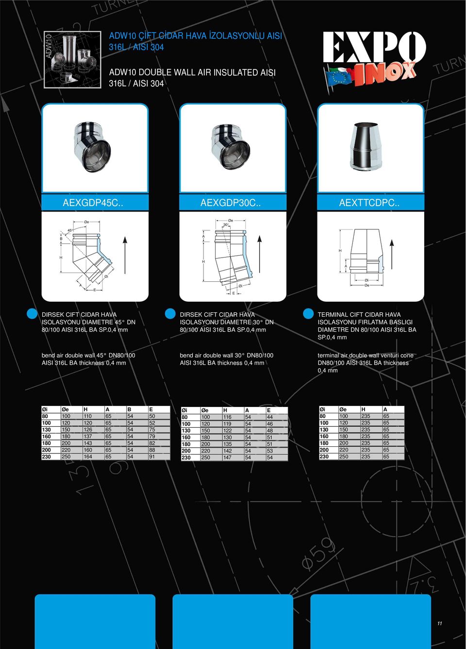 0,4 mm bend air double wall 45 DN80/100 AISI 316L BA thickness 0,4 mm bend air double wall 30 DN80/100 AISI 316L BA thickness 0,4 mm terminal air double wall venturi cone DN80/100 AISI 316L BA