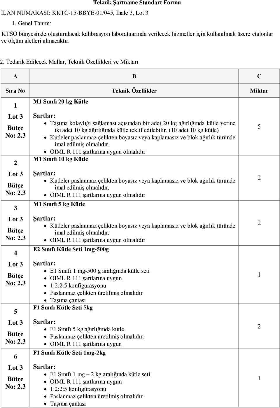 . Tedarik Edilecek Mallar, Teknik Özellikleri ve Miktarı A B C 3 4 5 6 M Sınıfı 0 kg Kütle Taşıma kolaylığı sağlaması açısından bir adet 0 kg ağırlığında kütle yerine iki adet 0 kg ağırlığında kütle