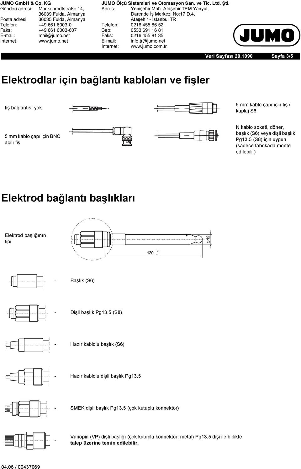 başlık Pg13.5 (S8) için uygun (sadece fabrikada monte edilebilir) Elektrod bağlantı başlıkları Elektrod başlığının tipi Ø12 120 0-1 - Başlık (S6) - Dişli başlık Pg13.