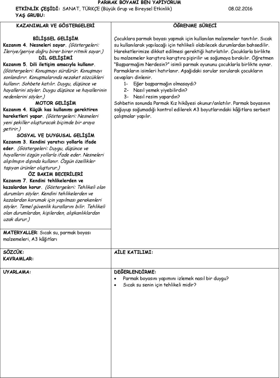 Konuşmalarında nezaket sözcükleri kullanır. Sohbete katılır. Duygu, düşünce ve hayallerini söyler. Duygu düşünce ve hayallerinin nedenlerini söyler.) MOTOR GELİŞİM Kazanım 4.