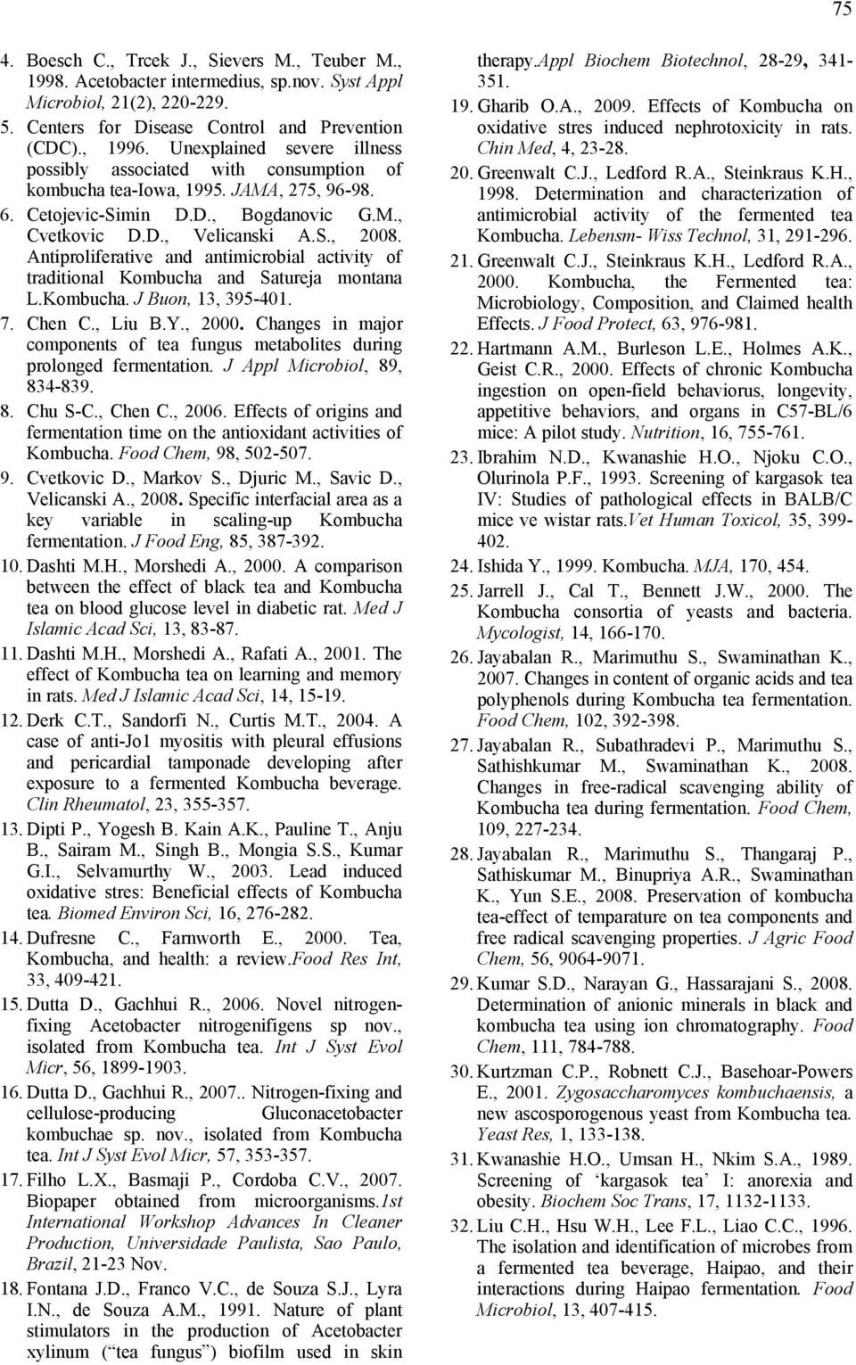 Antiproliferative and antimicrobial activity of traditional Kombucha and Satureja montana L.Kombucha. J Buon, 13, 395-401. 7. Chen C., Liu B.Y., 2000.