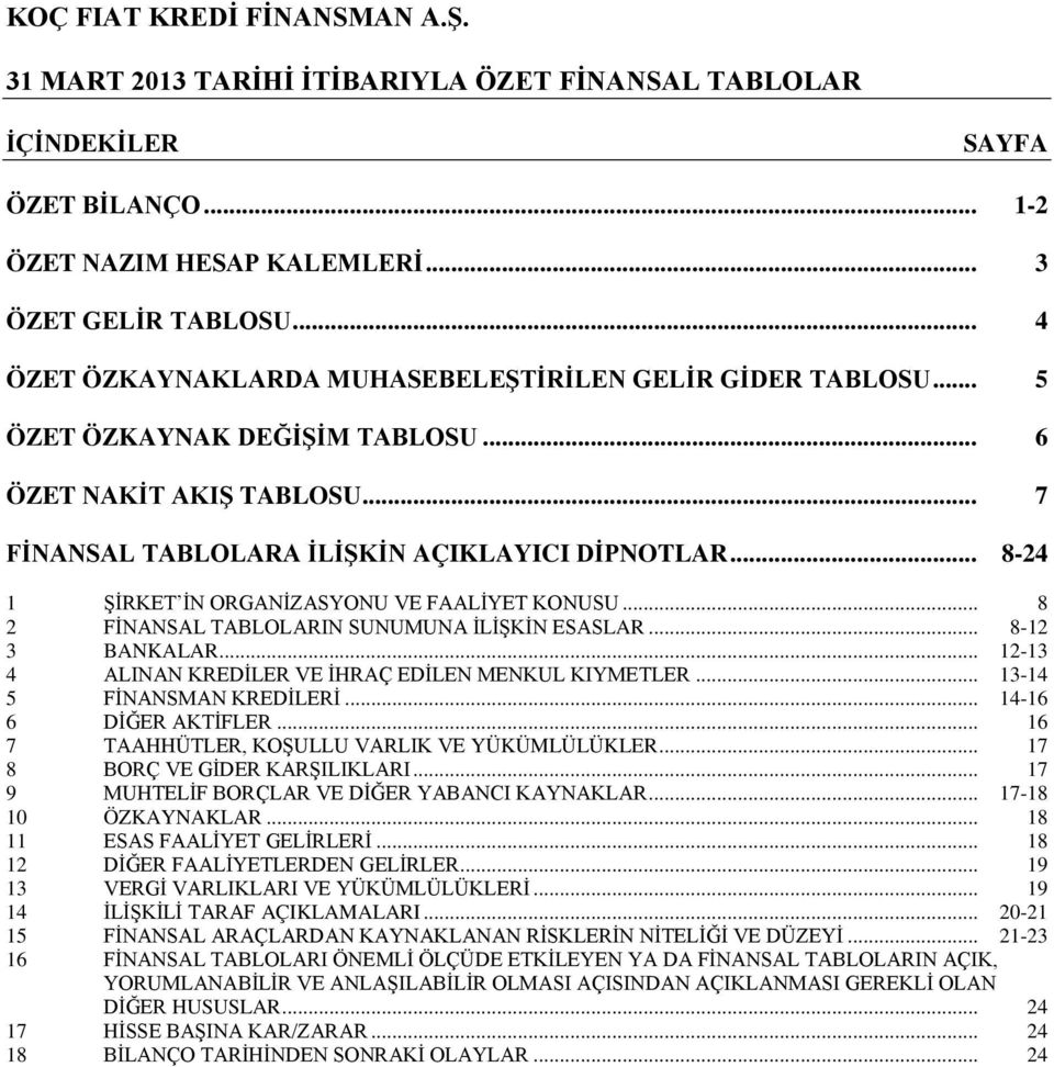 .. 12-13 4 ALINAN KREDİLER VE İHRAÇ EDİLEN MENKUL KIYMETLER... 13-14 5 FİNANSMAN KREDİLERİ... 14-16 6 DİĞER AKTİFLER... 16 7 TAAHHÜTLER, KOŞULLU VARLIK VE YÜKÜMLÜLÜKLER.