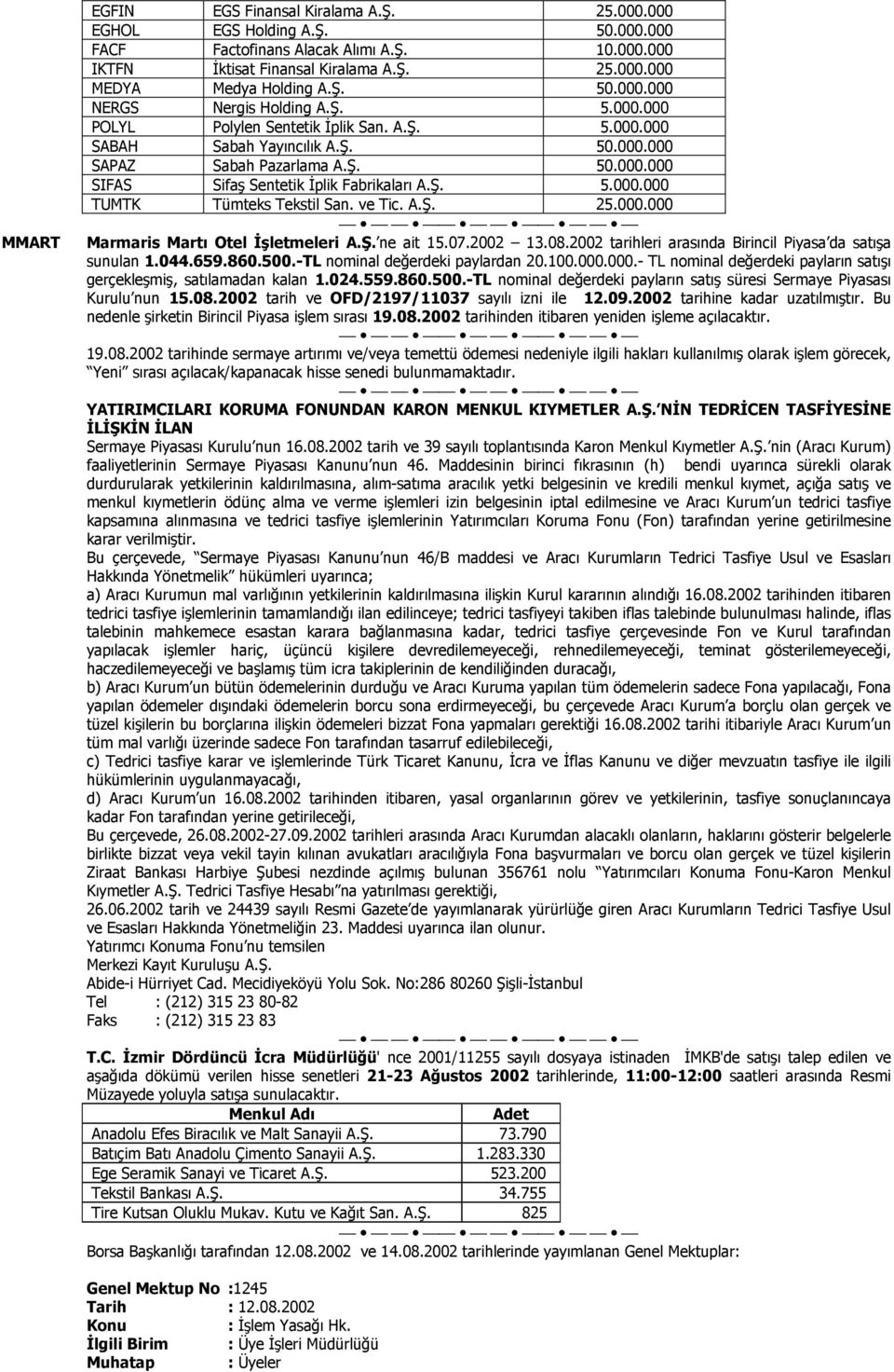 Ş. 5.000.000 TUMTK Tümteks Tekstil San. ve Tic. A.Ş. 25.000.000 Marmaris Martõ Otel İşletmeleri A.Ş. ne ait 15.07.2002 13.08.2002 tarihleri arasõnda Birincil Piyasa da satõşa sunulan 1.044.659.860.